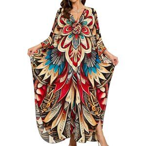 Women's Red Abstract Pattern V-Neck Batwing Sleeves Summer Cover Up Kaftan Dress